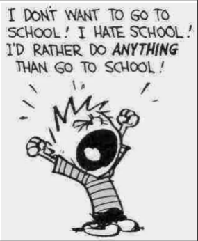A cartoon child shouting that they don’t want to go to school