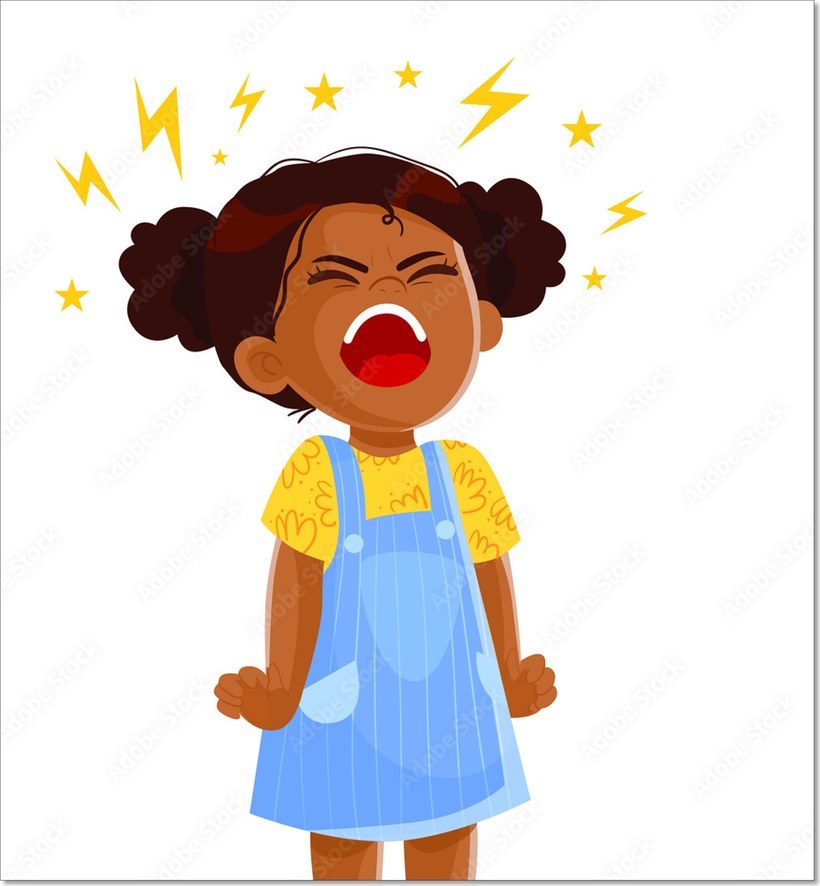 A young girl mid-tantrum, fists clenched, lightning bolts drawn around her head