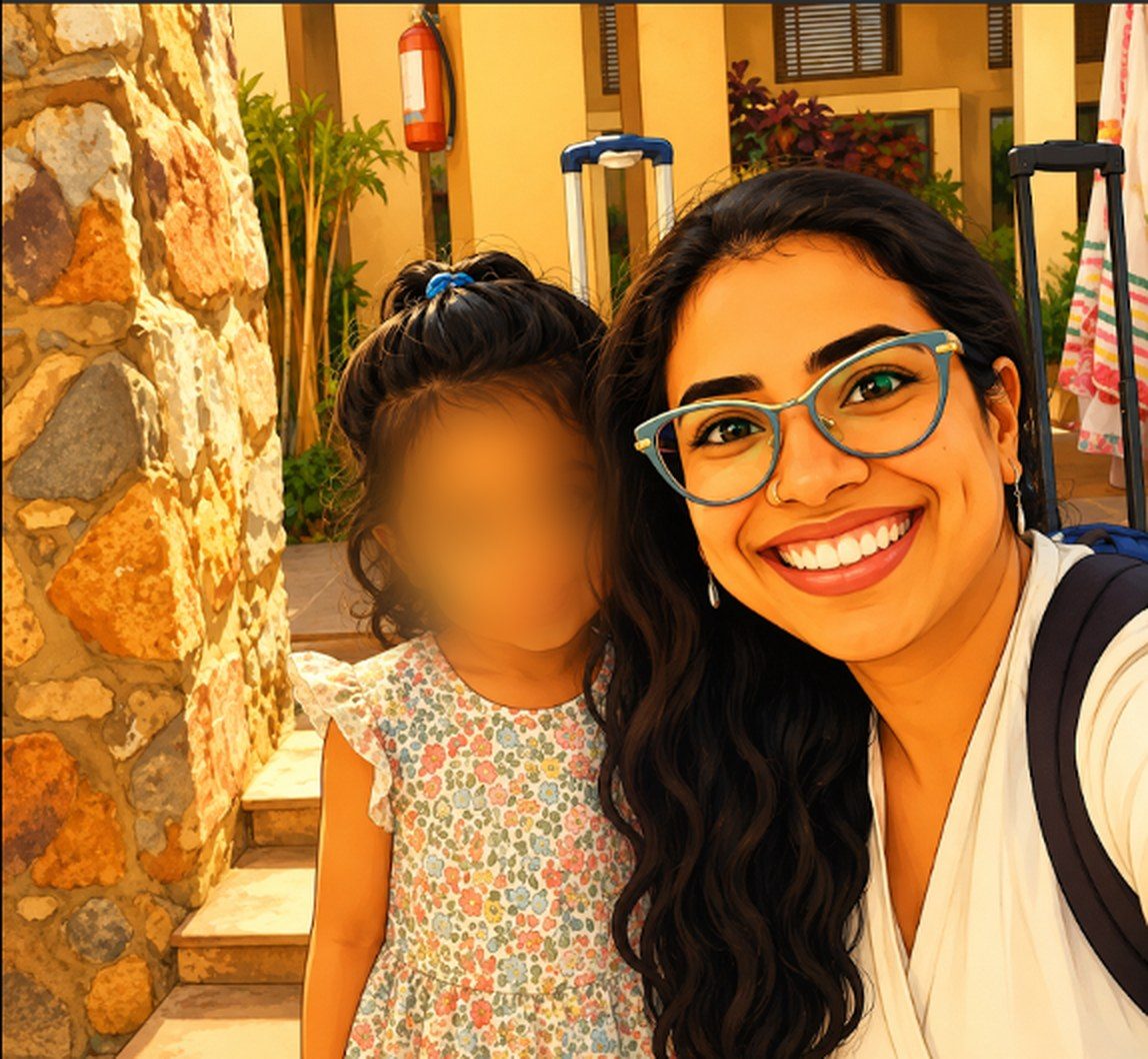 Prachi Srivastava smiling beside a young child on sunlit steps outdoors, the child’s face softened for privacy