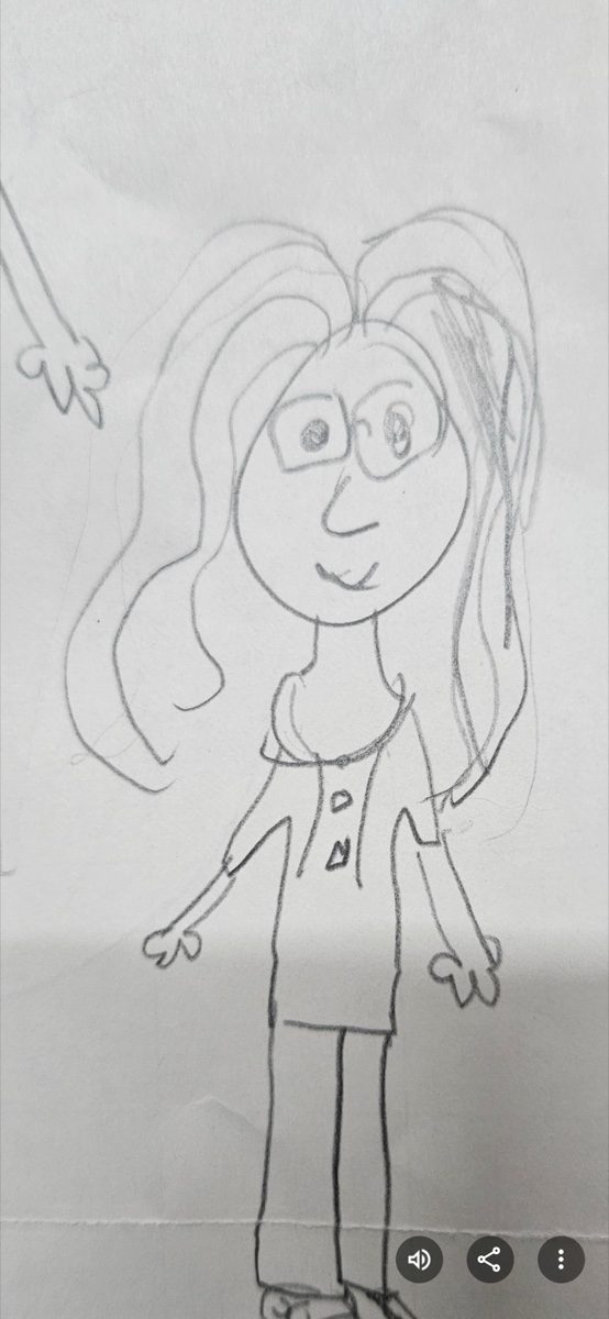 Pencil drawing of Prachi by a young client &mdash; curly hair, glasses, smiling.