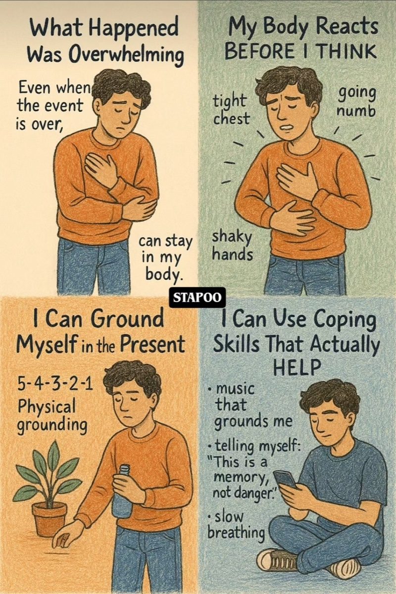 A 4-panel illustrated trauma psychoeducation poster Prachi uses with teens