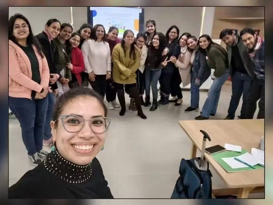 Prachi Srivastava with a group of teachers at the end of a training session