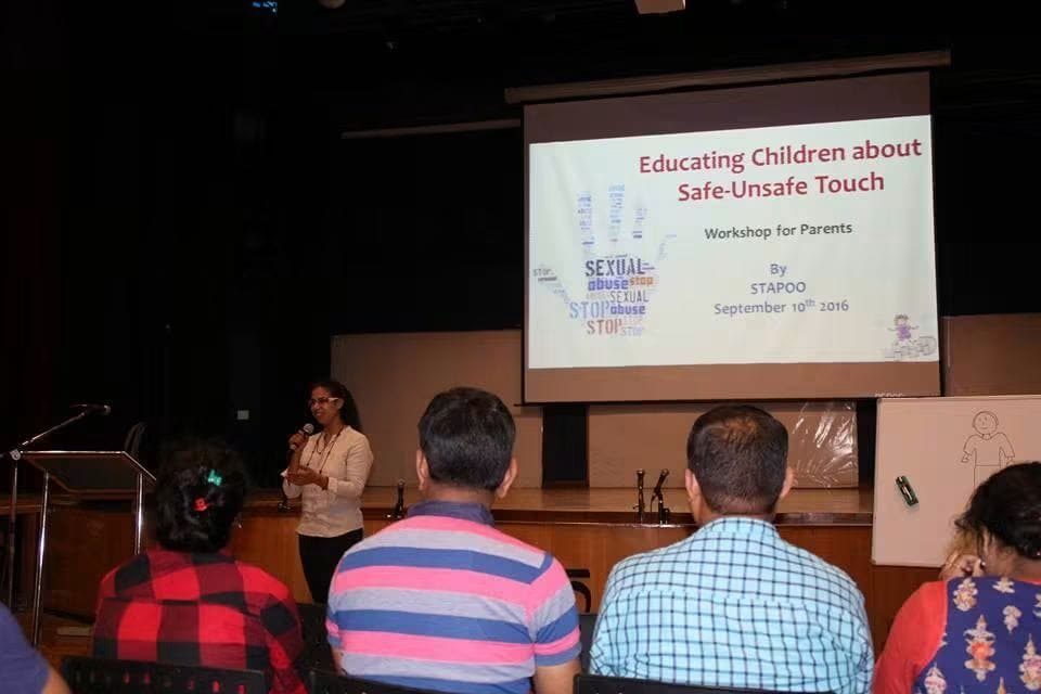 Prachi opening a Safe and Unsafe Touch workshop for parents, run by Stapoo